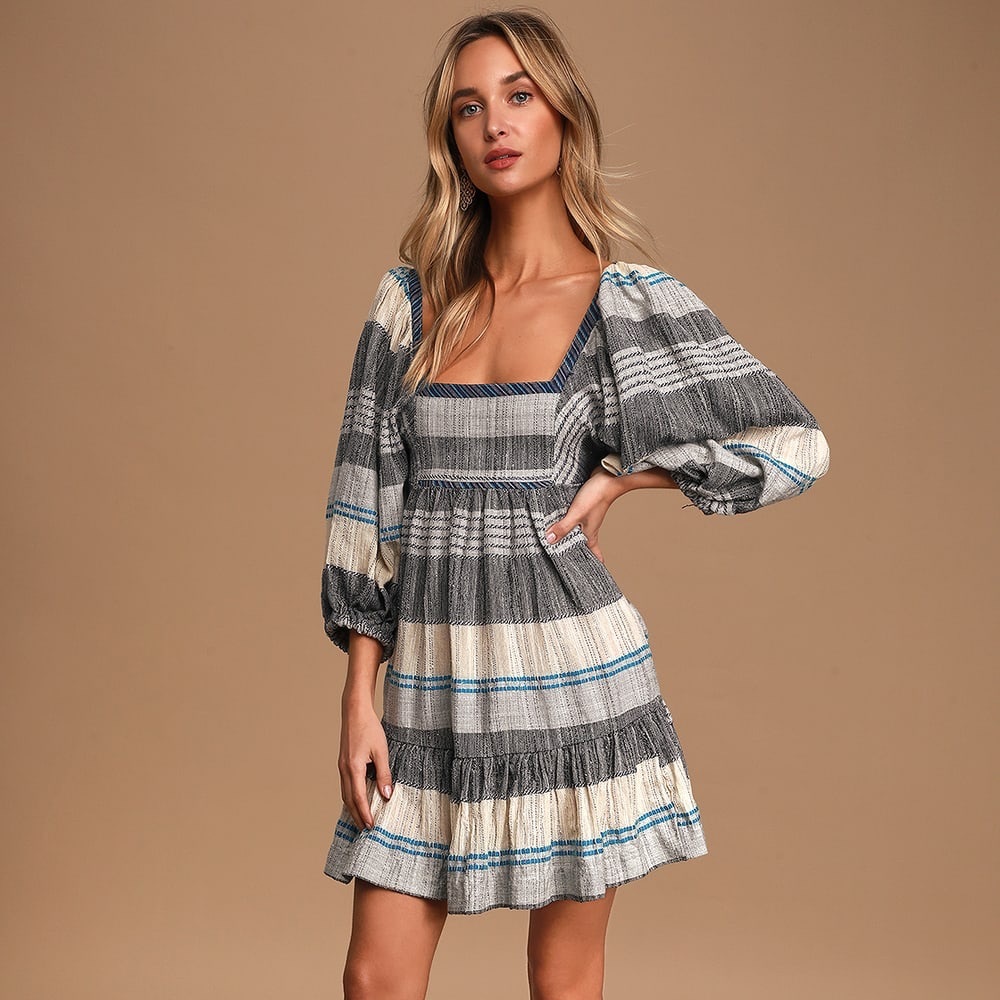 Free People All Lined Up Blue Multi Striped Puff Sleeve Mini Dress Size Large